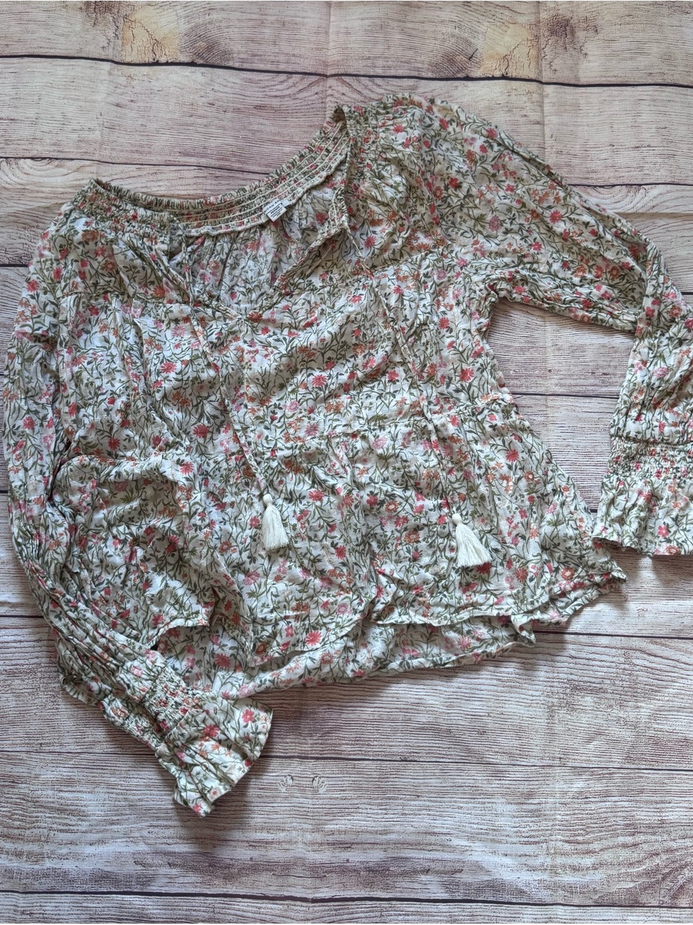 American Eagle Outfitters Cream Floral Tassel Peasant Blouse